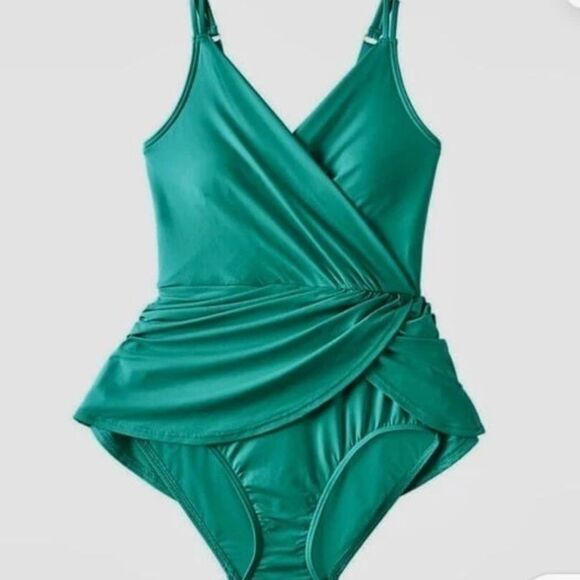 Land's End tulip wrap mini swim dress one piece Emerald Green size large 14-16 - Picture 2 of 6